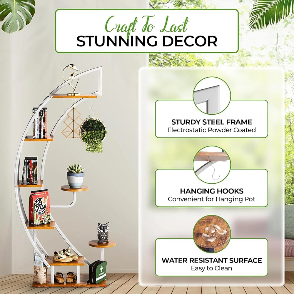Idzo 6-Tier 9-Potted Steel Wood Plant Stand With Hanger, White