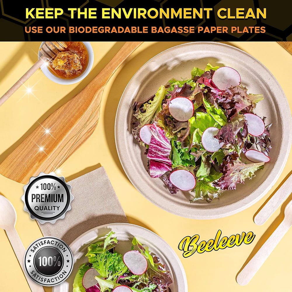 Beeleeve 7" Compostable Round Paper Plates, 125 Pack