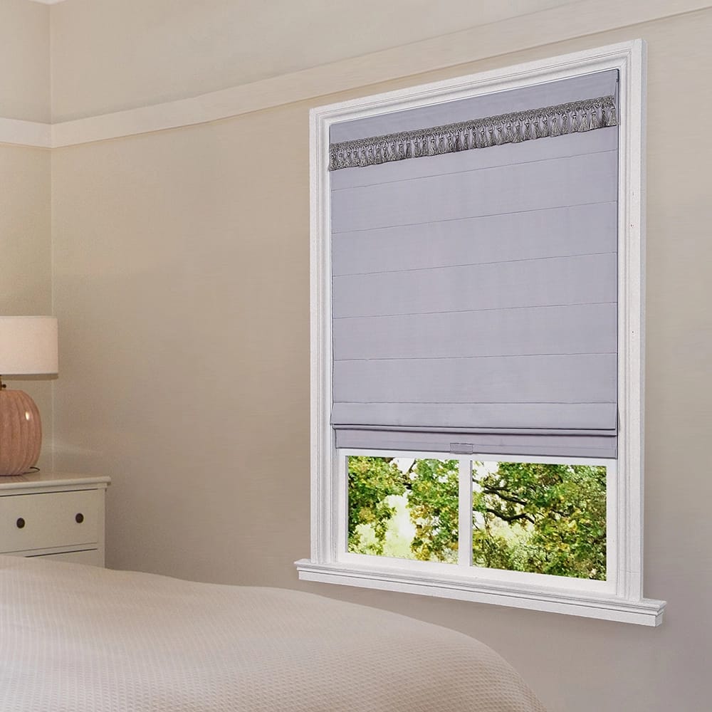 Cordless Fabric Flat Roman Shade with Tassel Trim Valance, Light Gray, 36" x 64"