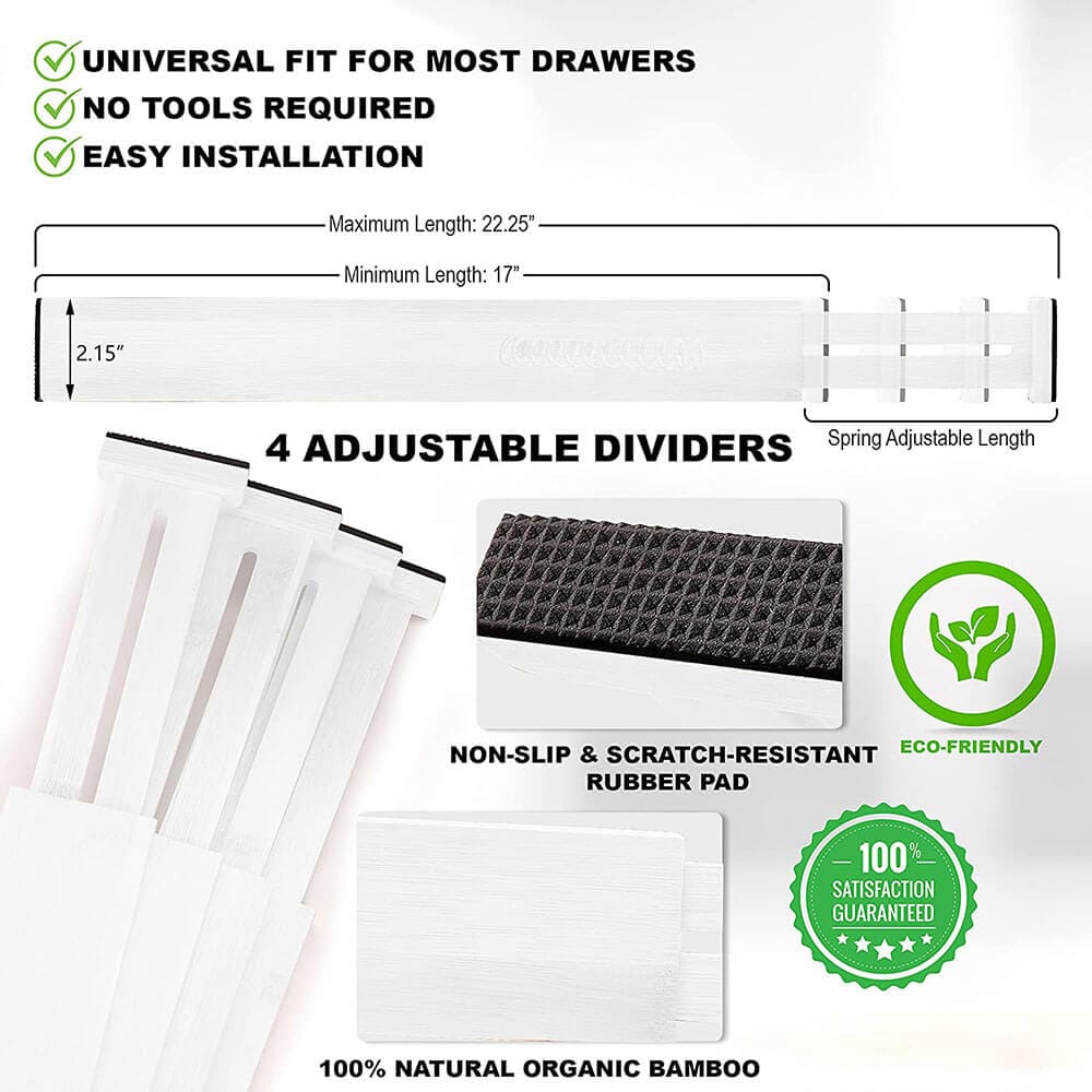 Homemaid Living 100% Bamboo Drawer Dividers, Set of 4, White