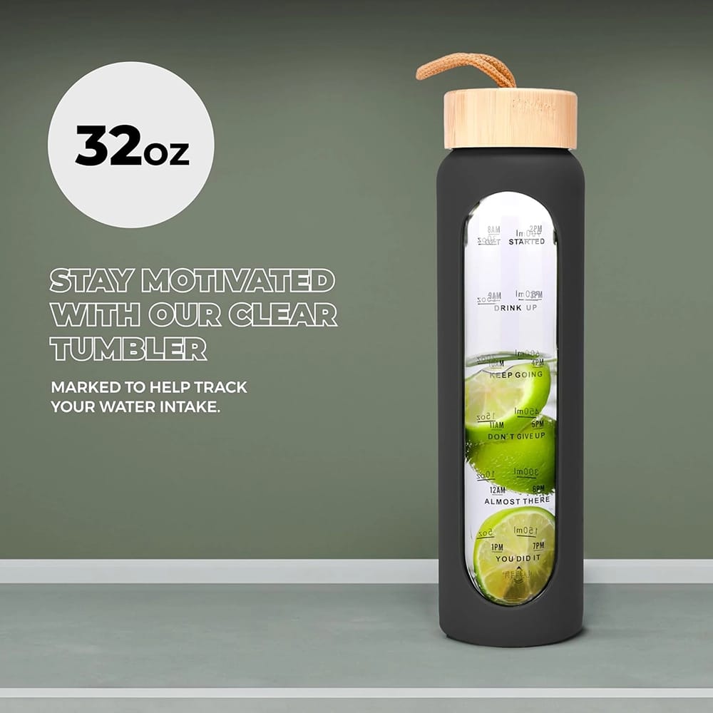 HYDRATE 32 oz Glass Water Bottle, Black