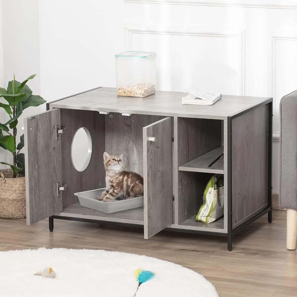 PawHut Large Wooden & Steel Cat Litter Box Enclosure, Gray