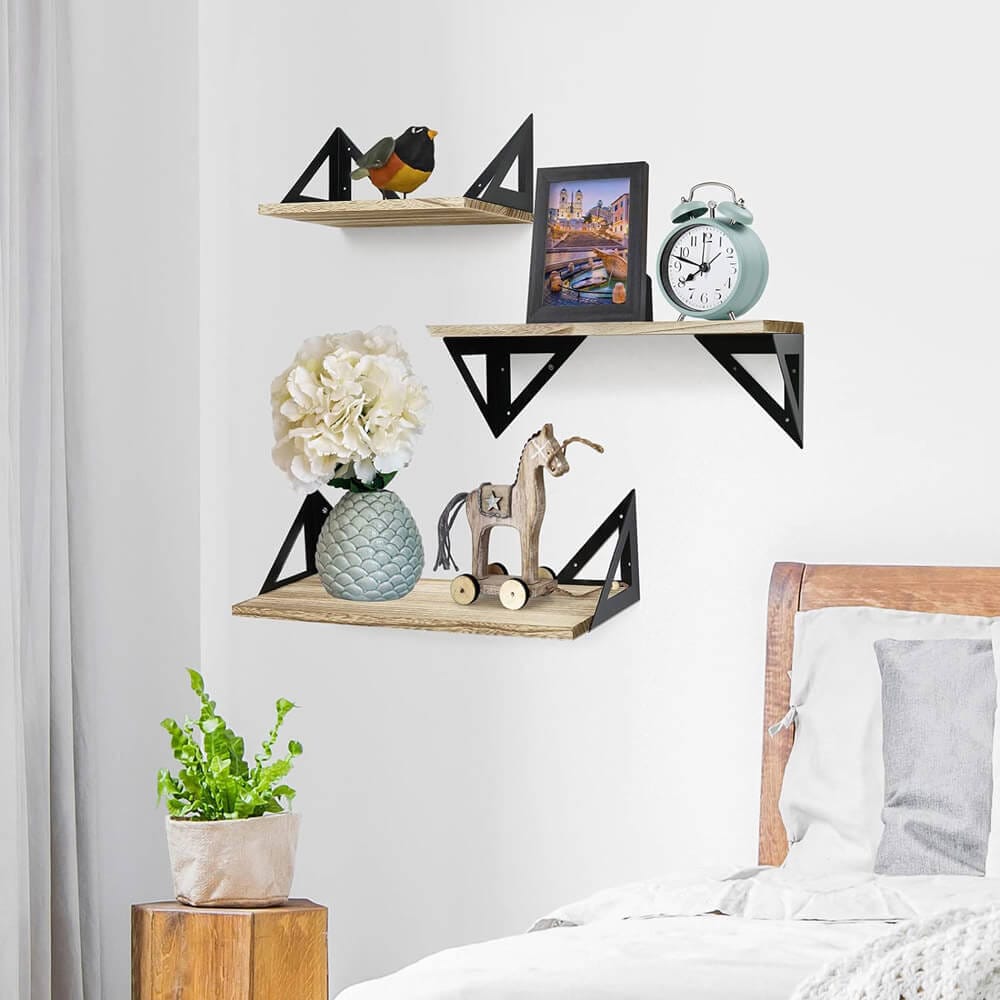 Greenco Wall-Mounted Floating Shelves with Triangle Brackets, Set of 3, Rustic Brown/Black