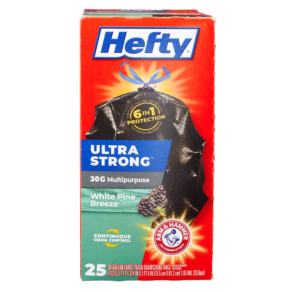 Hefty Ultra Strong Multipurpose White Pine Breeze 30 Gallon Trash Bags, 25 Count