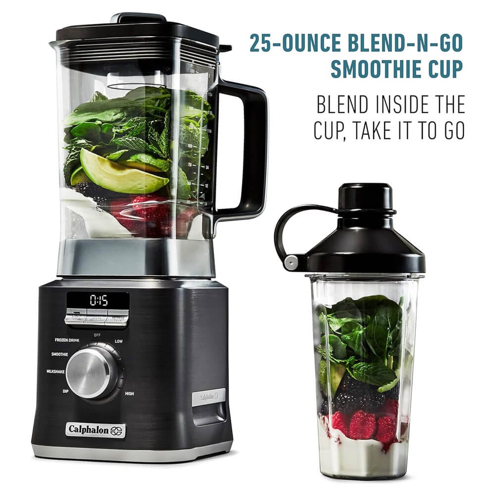 Calphalon Auto-Speed Blender with Blend-N-Go Smoothie Cup & BPA-Free Tritan Jar, Dark Stainless Steel