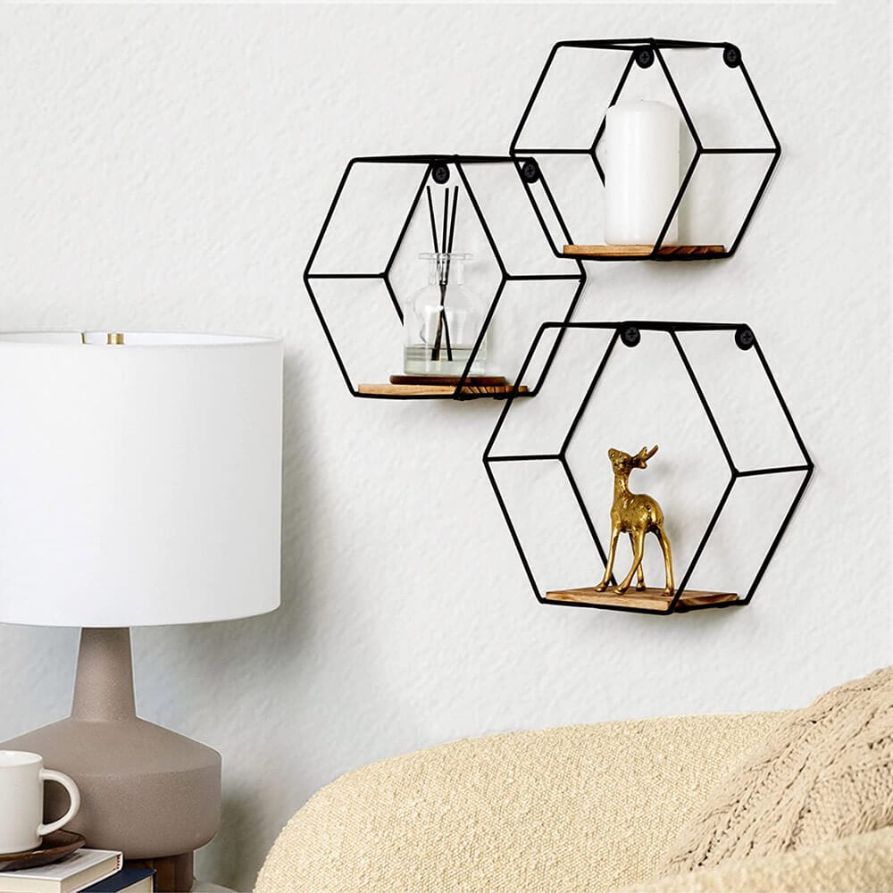 Greenco Geometric Hexagon Shaped Floating Shelves, Set of 3, Black