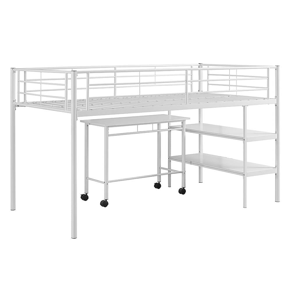 Walker Edison Low Loft Bed with 2 Shelves & Rolling Desk, Twin, White