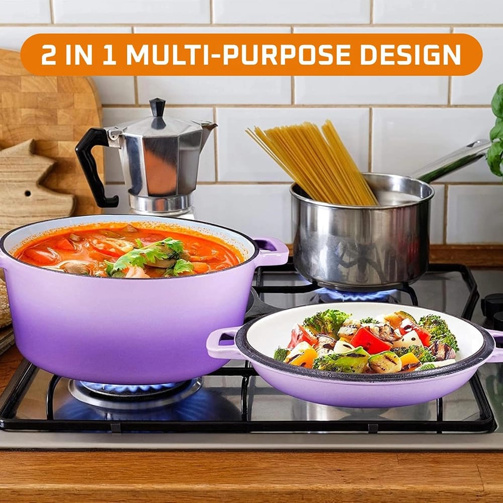 Bruntmor 5 Quart 2-in-1 Cast Iron Dutch Oven with Handles, Purple