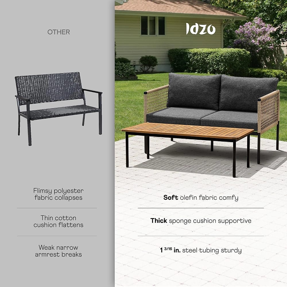 Idzo Oscar Wicker Metal Loveseat with Coffee Table, Black