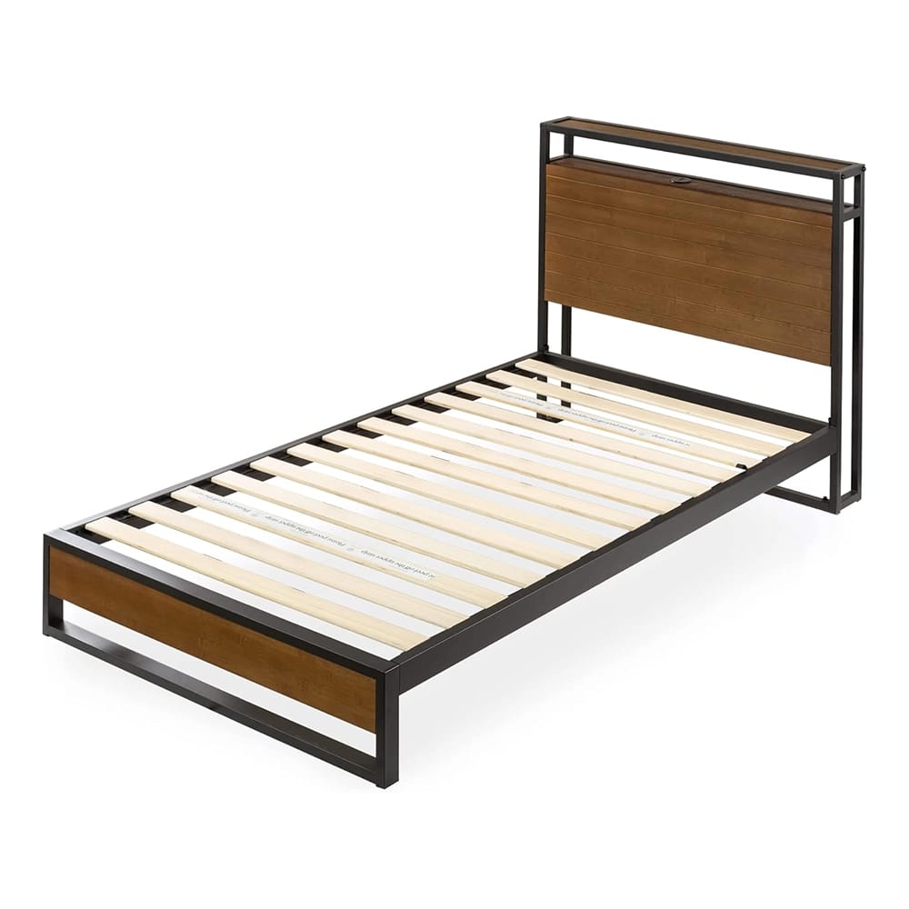 Zinus Suzanne Platform Bed with Headboard Shelf, Twin, Brown/Black
