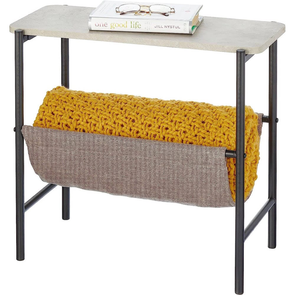 mDesign Industrial Side Table with Fabric Storage Basket, Black/Cement Gray