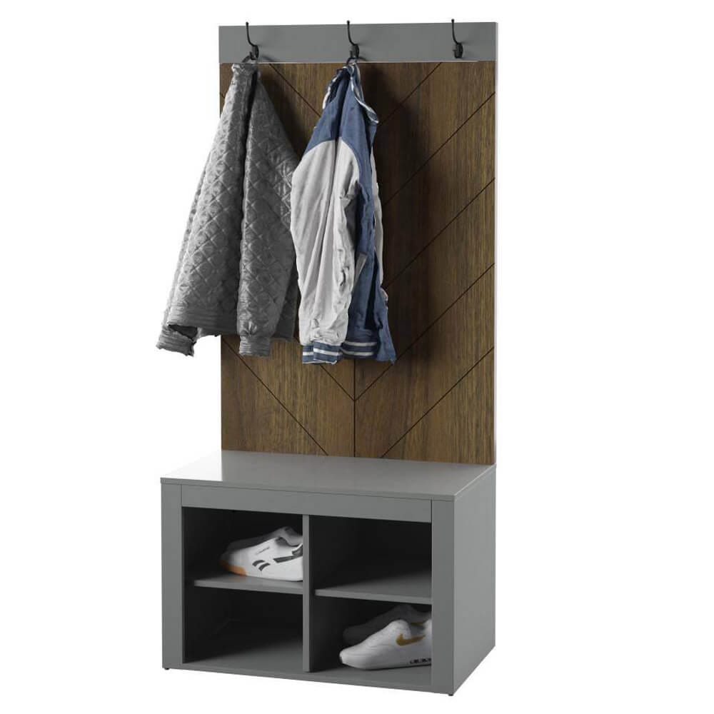 Twin Star Home Chevron Hall Tree with 4 Storage Cubbies, Pure Gray/Plainview Walnut