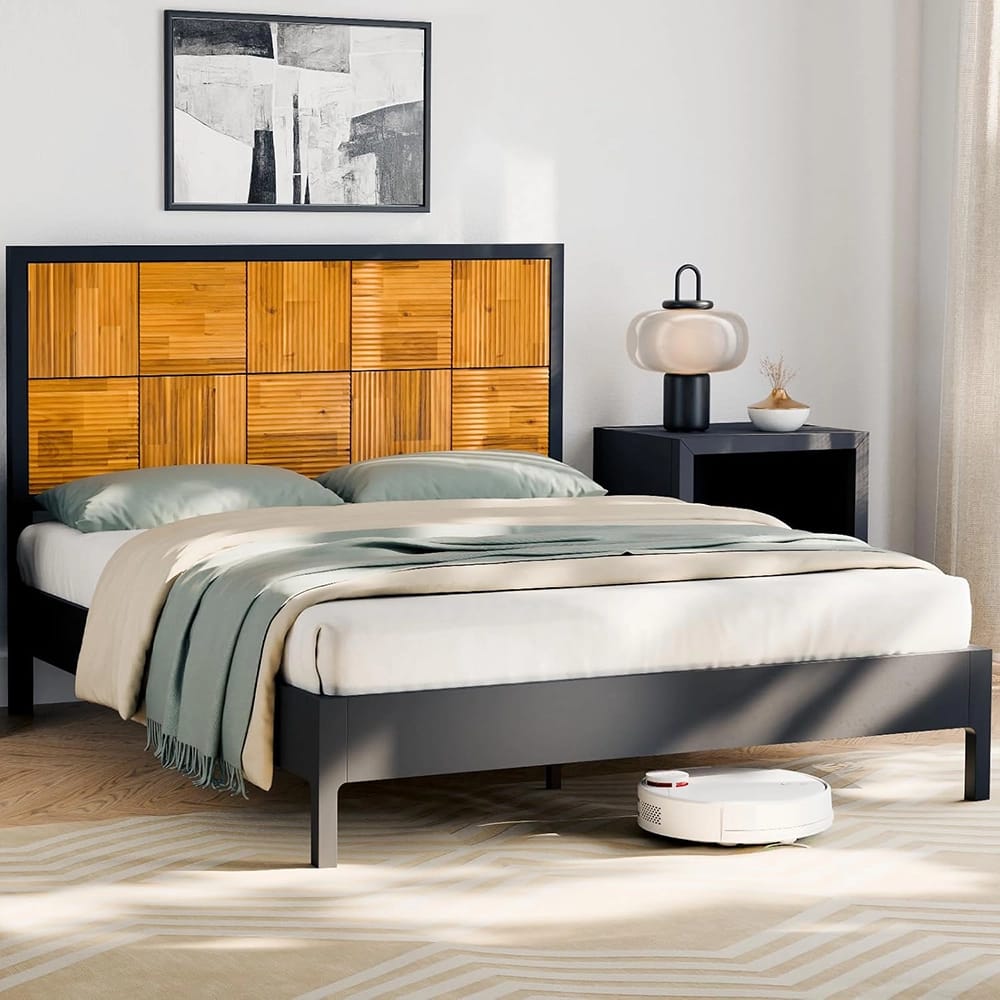 Bme Mid-Century Geometric Bed Frame and Headboard, Queen, Black