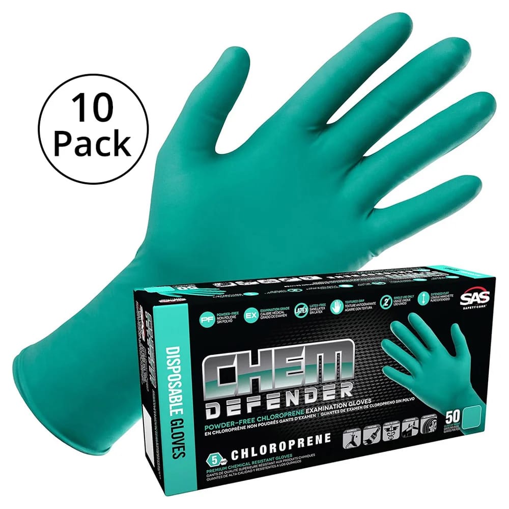SAS ChemDefender XL Powder-Free Chloroprene Disposable Gloves, 50 ct, 10-Pack