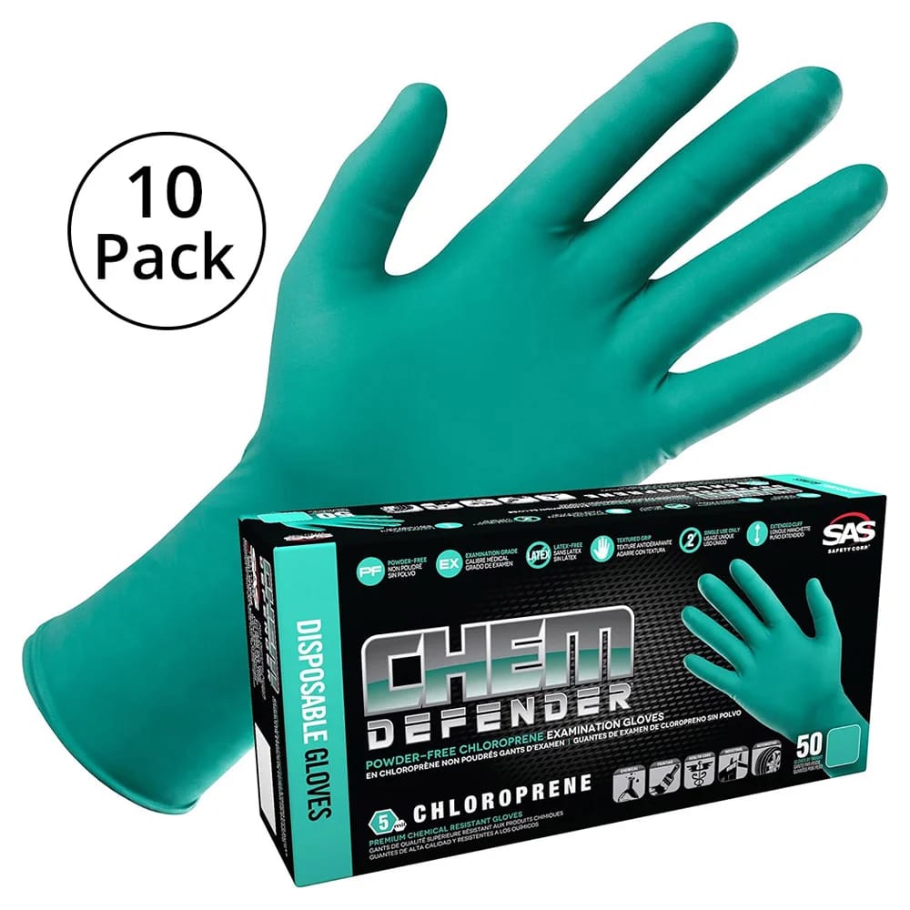 SAS ChemDefender L Powder-Free Chloroprene Disposable Gloves, 50 ct, 10-Pack