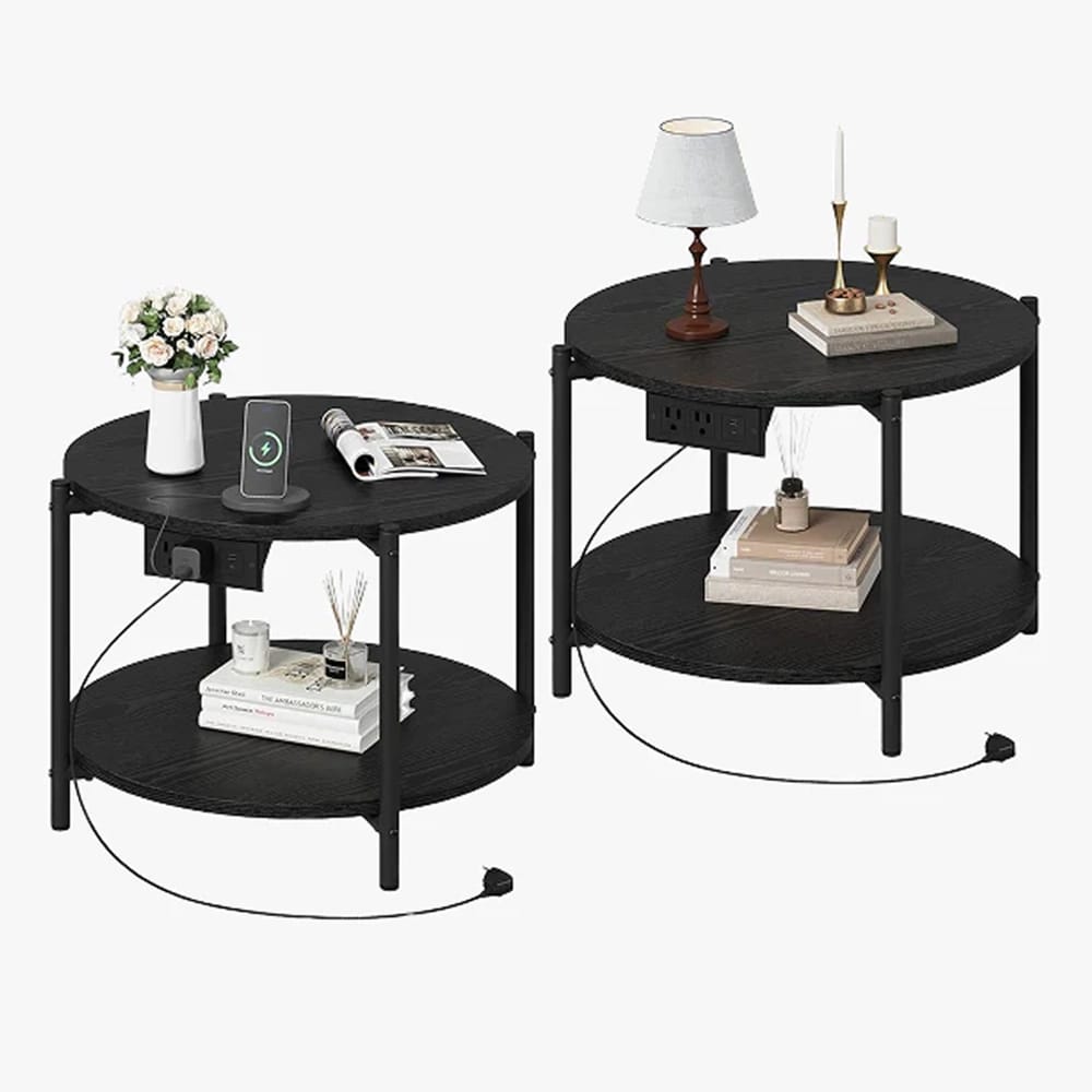 LIKIMIO 23.6" Double-Tiered Round End Tables with Charging Station, Black, 2 Count