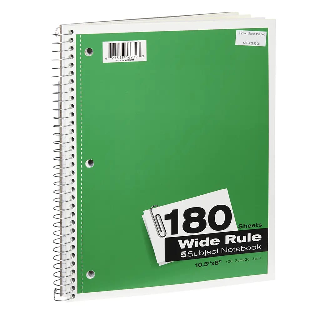 Wide Rule 5 Subject Spiral Notebook, 180 Sheets