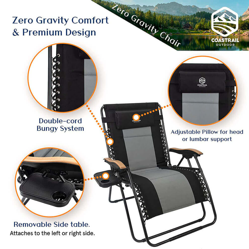 Coastrail Outdoor Zero Gravity Chair with Premium Wood-Like Armrests & Side Table with Cup Holder, Black/Gray