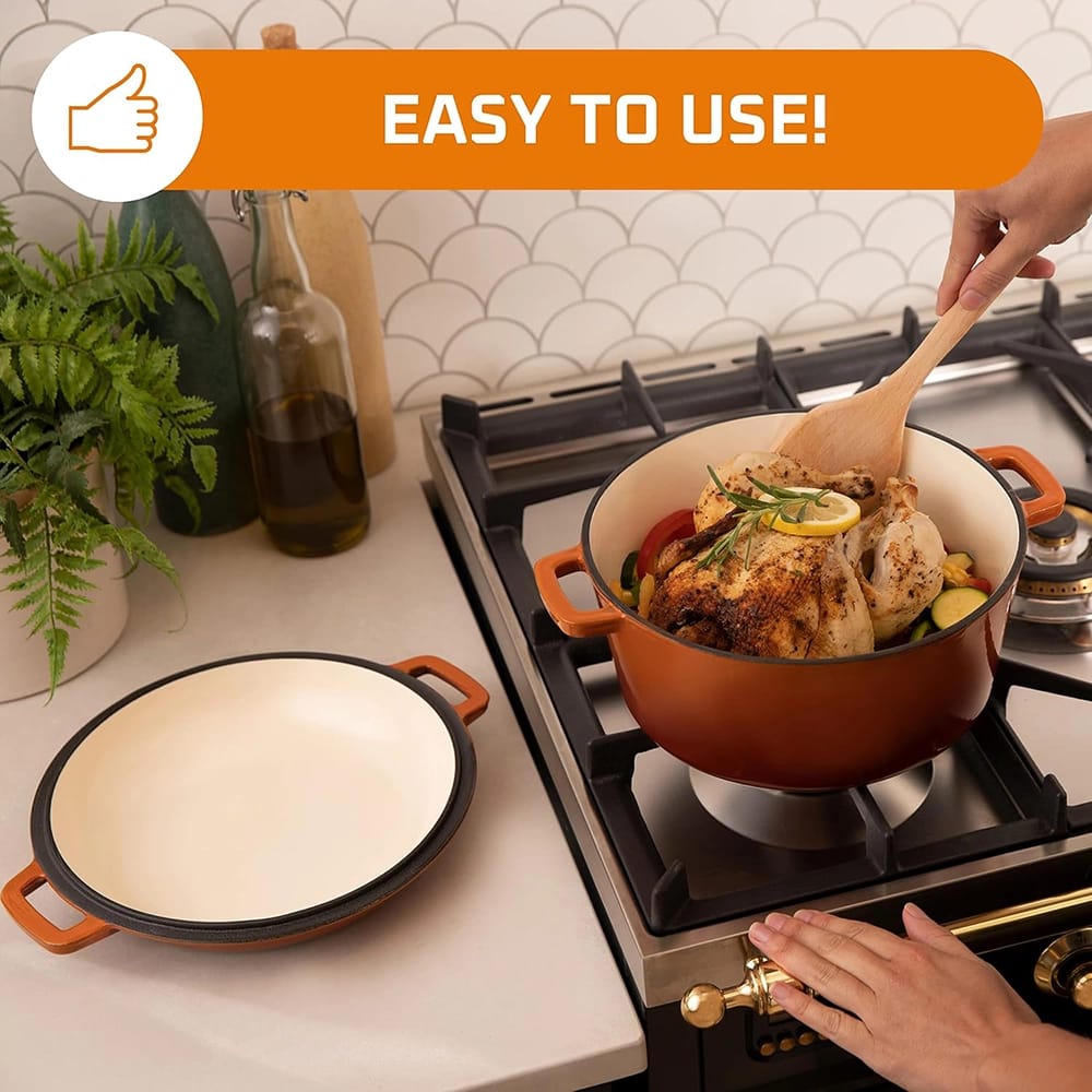 Bruntmor 2-in-1 5-Quart Enamel Cast Iron Double Dutch Oven Set, Pumpkin Spice