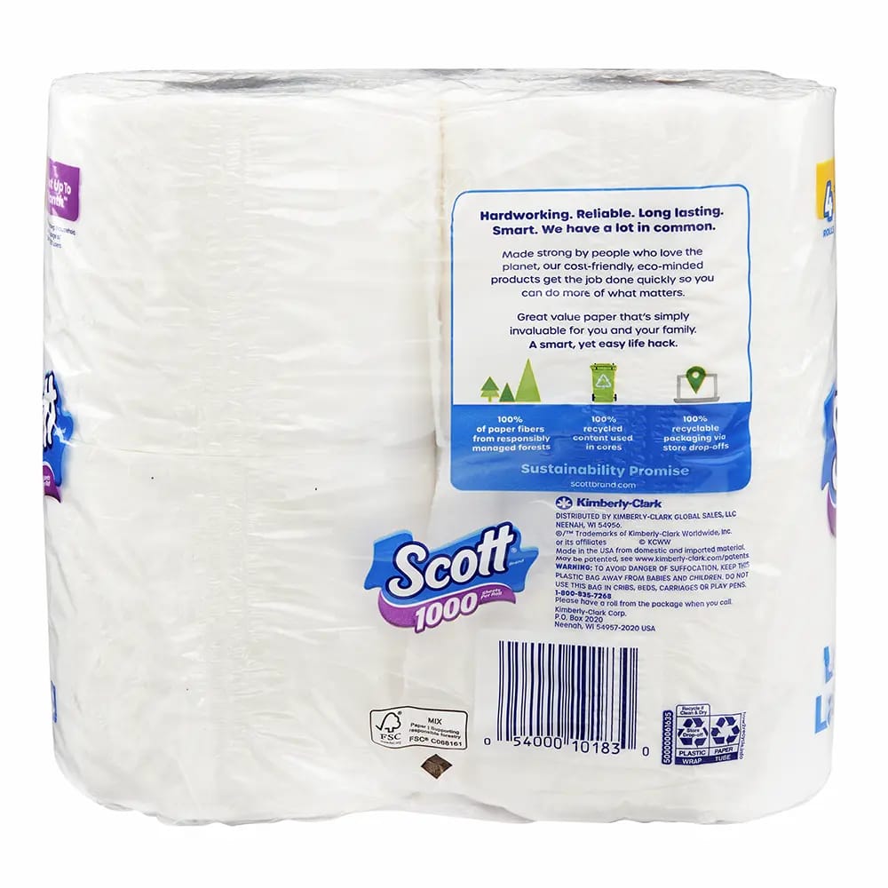 Scott Long Lasting 1,000 Sheets Per Roll Bath Tissue, 4 Rolls