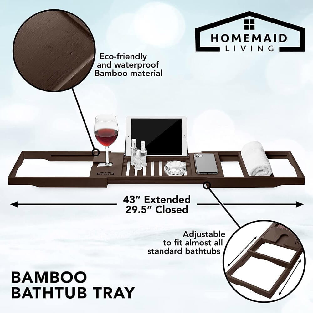 Homemaid Living Luxury Expandable Bamboo Bathtub Tray, Brown