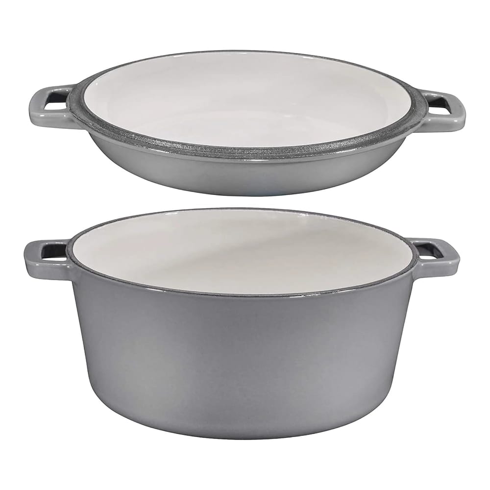 Bruntmor 2-in-1 5-Quart Enamel Cast Iron Double Dutch Oven Set, Gray