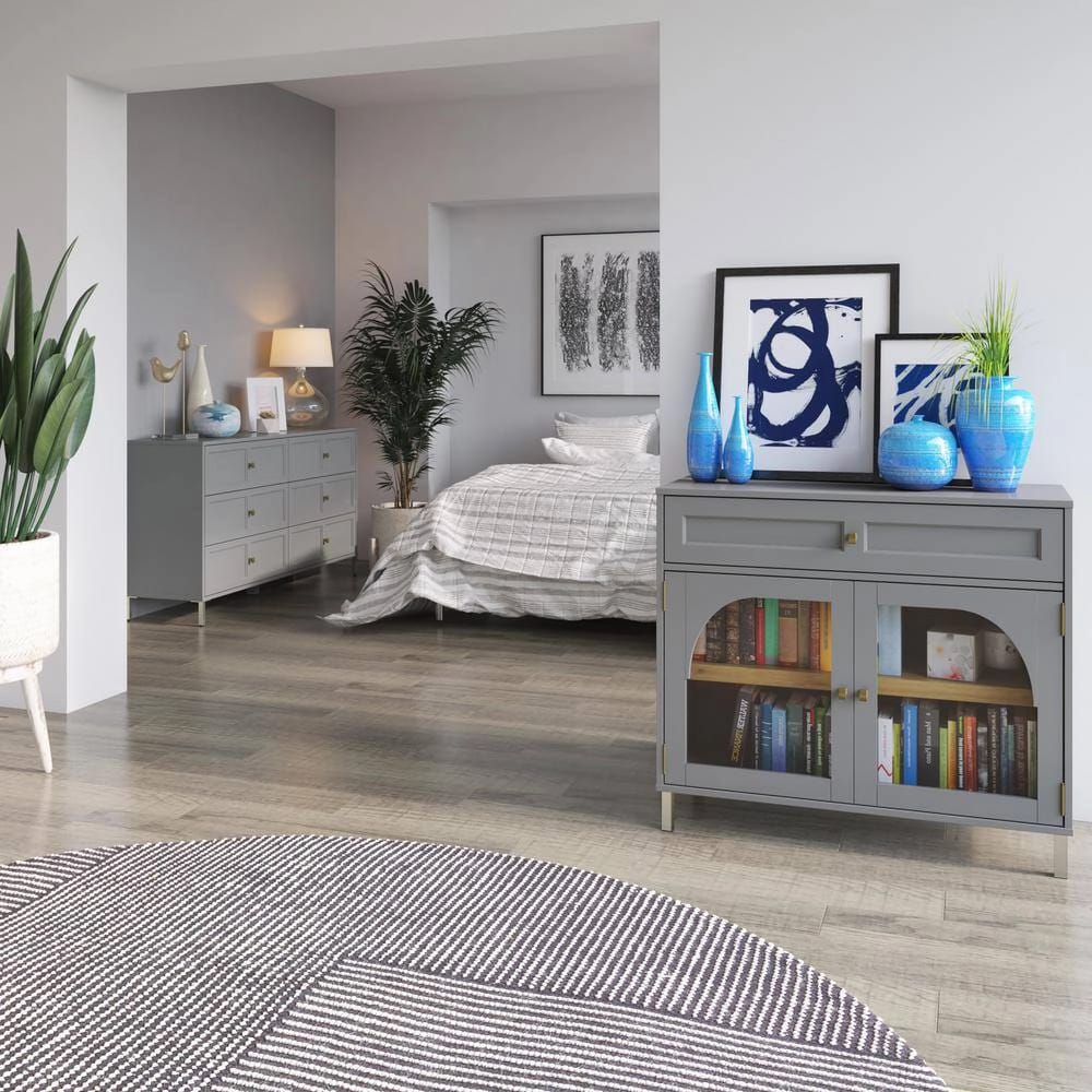 Twin Star Home Accent Cabinet with Glass Doors, Pure Gray