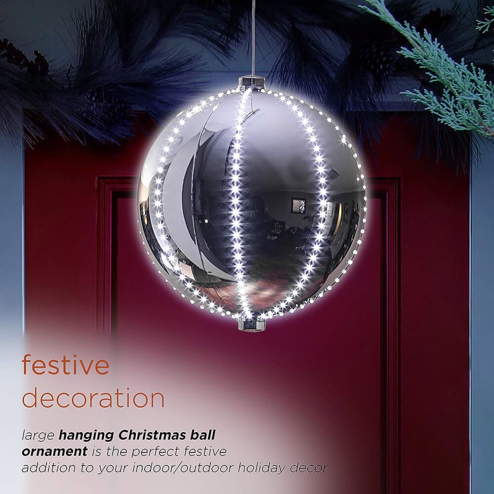 Alpine 13" Large Hanging Christmas Ball Ornament with 240 Warm White Chasing LED Lights & 6 Light Effects, Silver