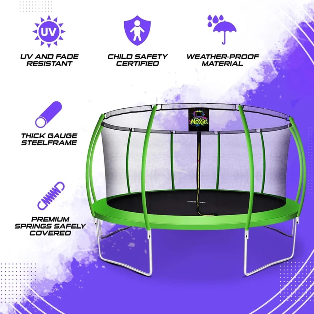 Machrus Moxie Pumpkin-Shaped Outdoor Trampoline Set with Premium Top-Ring Frame Safety Enclosure, Apple Green, 15'