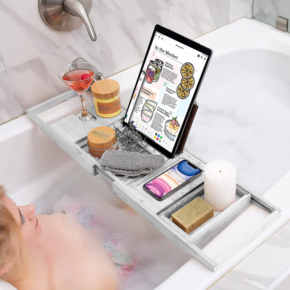 Homemaid Living Luxury Expandable Bamboo Bathtub Tray, White
