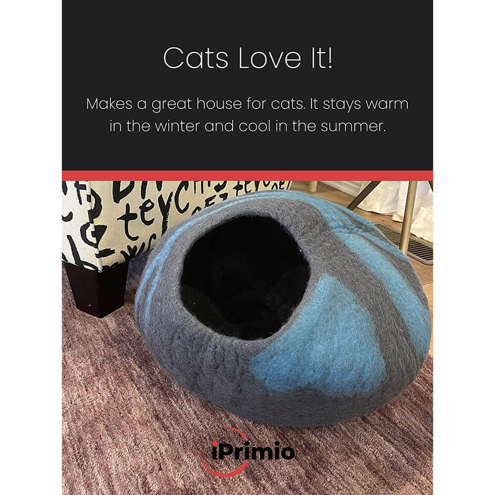 iPrimio 100% Natural Wool Cat Cave, Gray/Blue