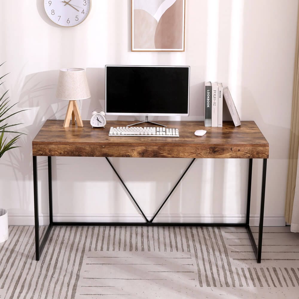 55" Modern Desk with Wooden Top, Rustic Brown/Black