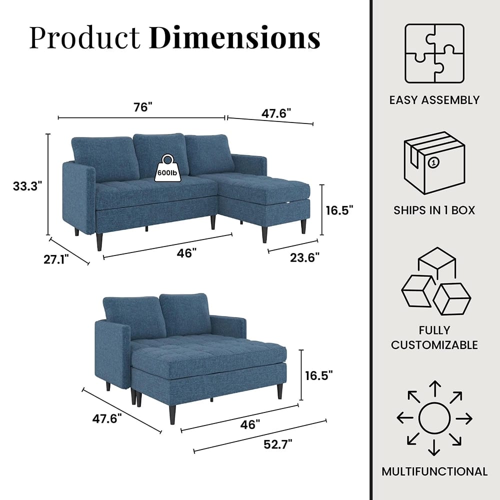 Dorel Home Xandor Modular Sectional Sofa with Storage Chaise, Blue Linen
