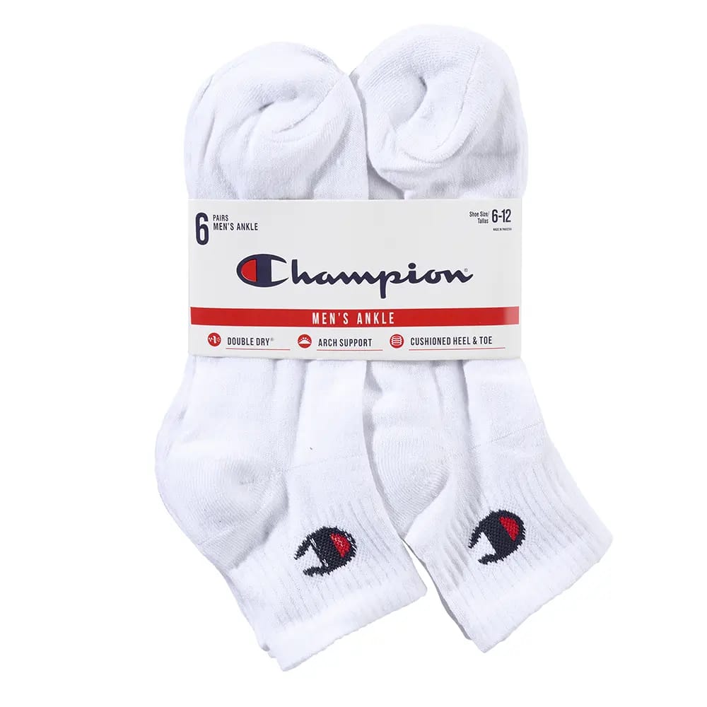 Champion Men's Ankle Socks, White, 6 Pairs, Shoe Sizes 6-12