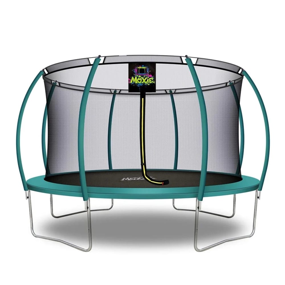 Machrus Moxie Pumpkin-Shaped Outdoor Trampoline Set with Premium Top-Ring Frame Safety Enclosure, Dark Green, 14'