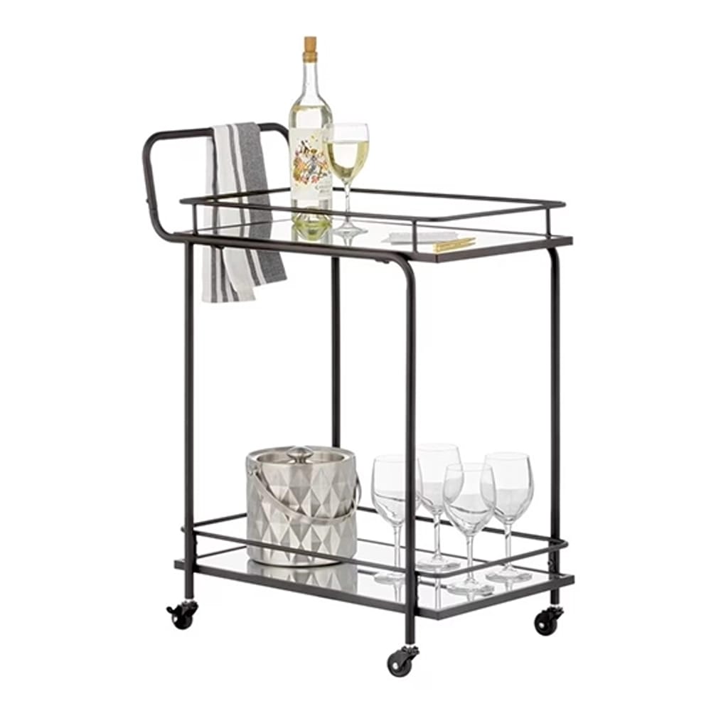 mDesign Metal Rectangle Rolling Bar Cart with Glass Shelves, Black