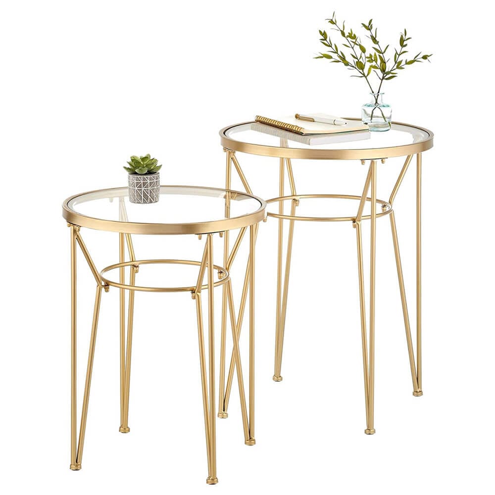 mDesign Round Metal Accent Table with Hairpin Legs, Set of 2, Soft Brass/Clear