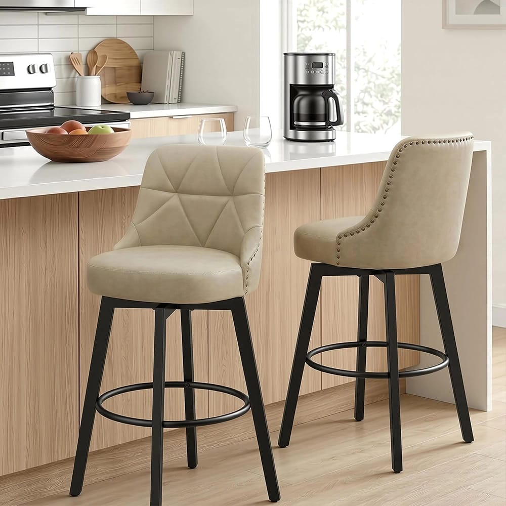 Polarisys 26" Faux Leather Swivel Bar Stool, Beige, Set of 2