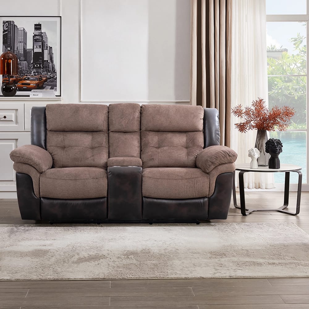 Two Tone Fabric Power Recliner Loveseat, Brown
