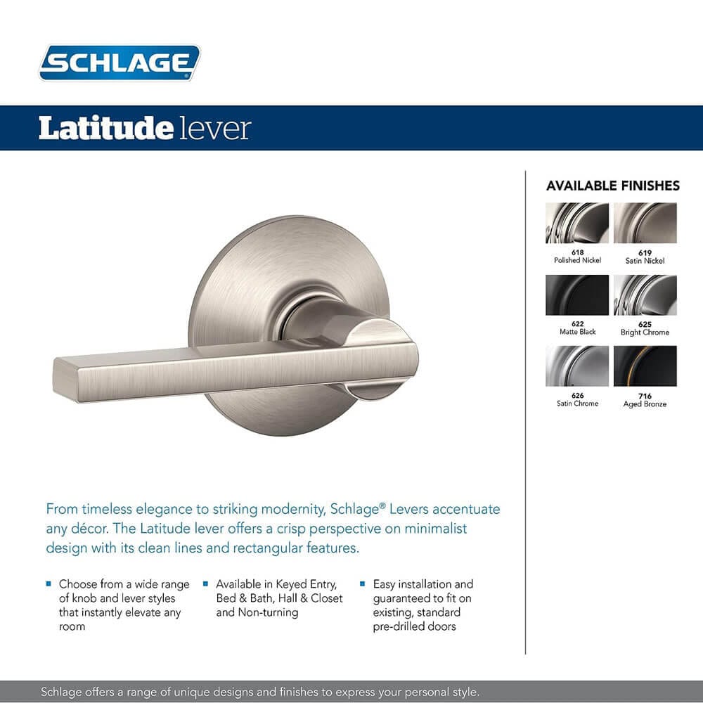 Schlage Latitude Interior Door Lever with Deadbolt, Satin Nickel