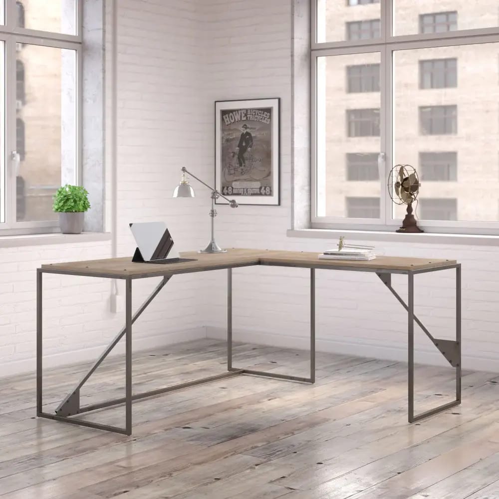 Bush Home Refinery L Shaped Industrial Desk, Rustic Gray/Charred Wood