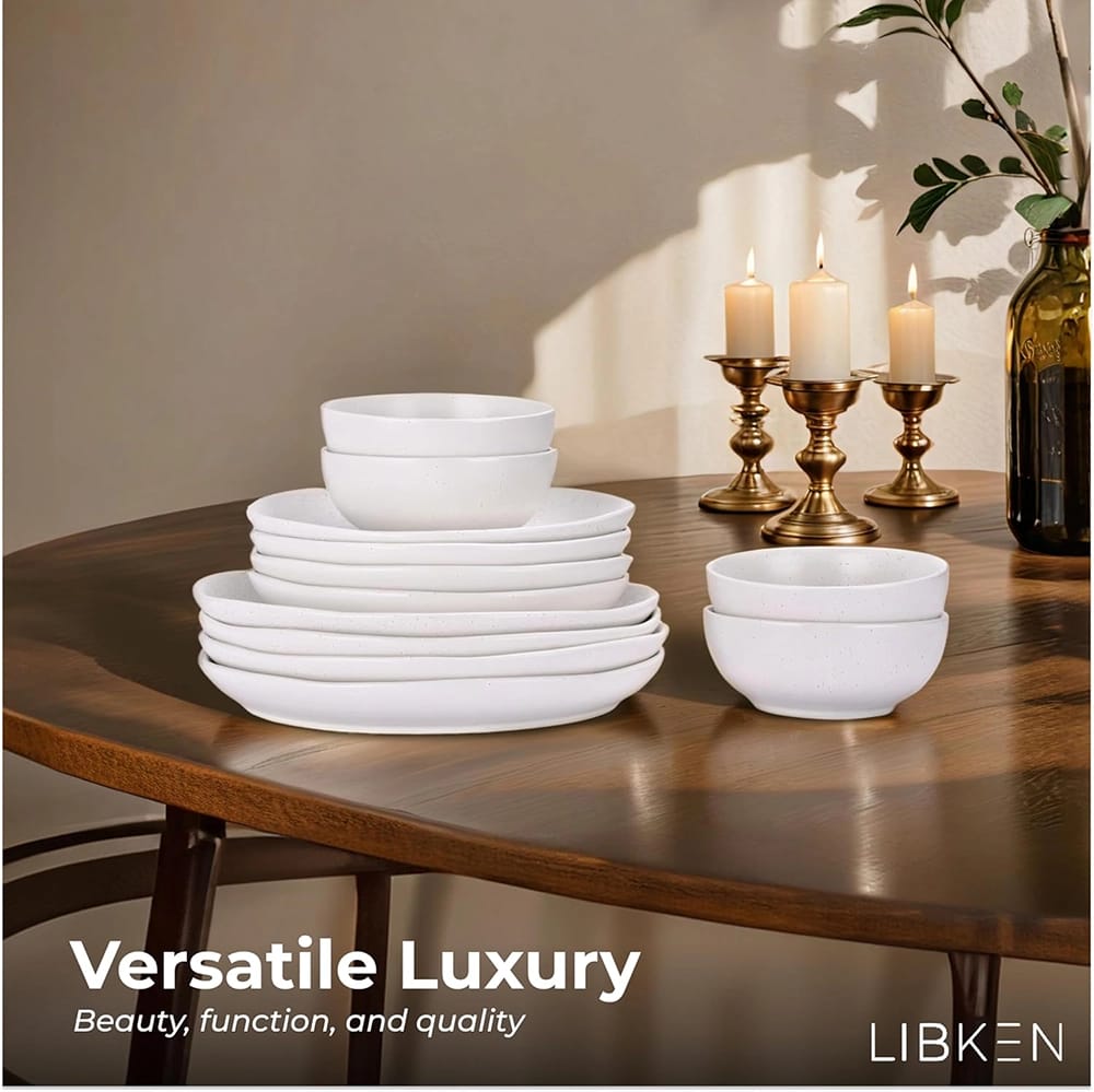 LIBKEN Plates and Bowls Set, White, Set of 12