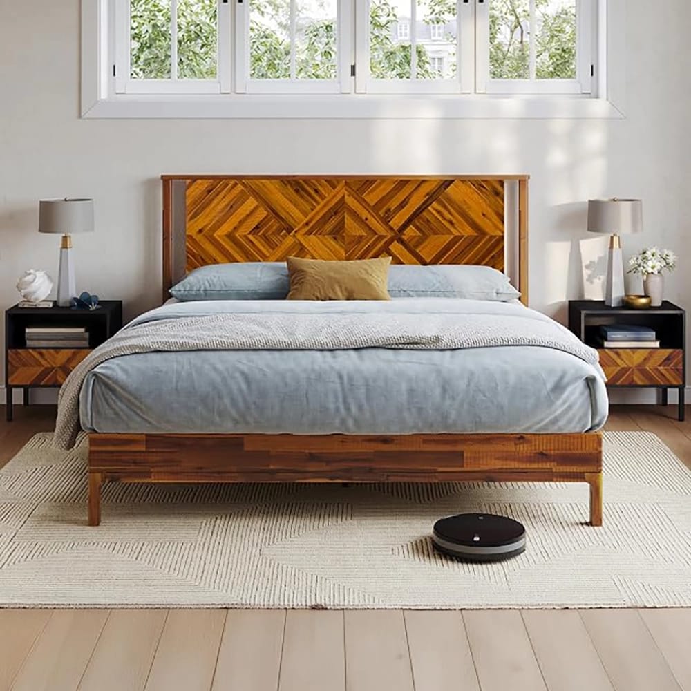 Bme Ethan King Size Bed Frame with Diamond Headboard, Rustic Caramel