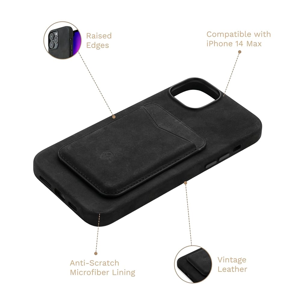 DONBOLSO Leather iPhone 14 Max Phone Case, Vintage Black