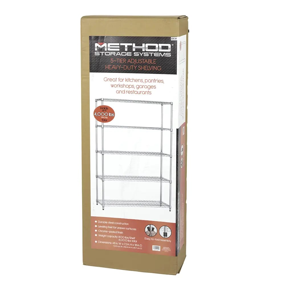 Method Storage Systems 5-Tier Adjustable Heavy-Duty Shelving, 48" x 18" x 72"