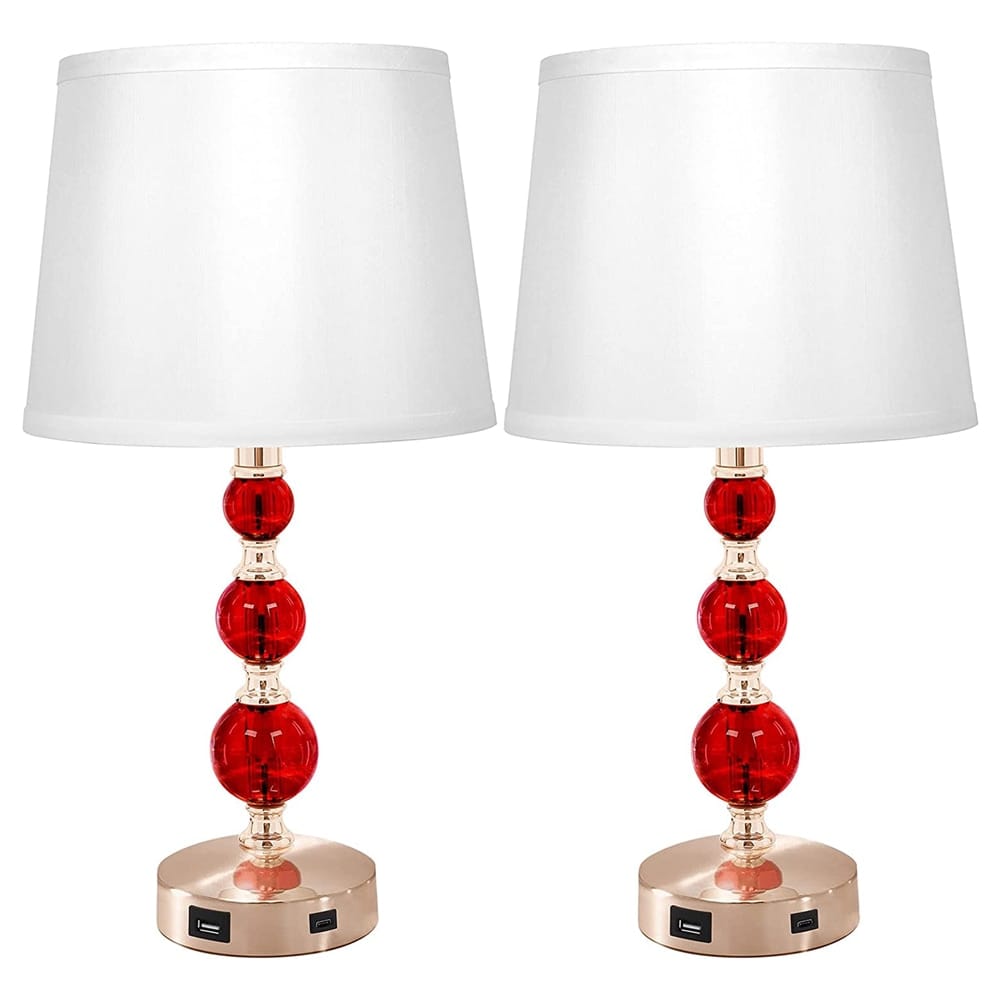 Retro Crystal Table Lamp with USB Ports and 3-Way Dimmable Touch Control, Set of 2, Red