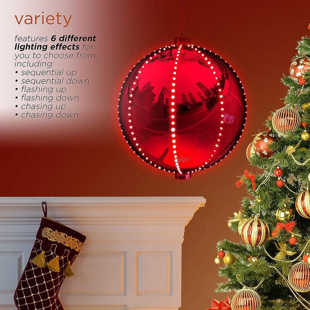 Alpine 13" Large Hanging Christmas Ball Ornament with 240 Warm White Chasing LED Lights & 6 Light Effects, Red