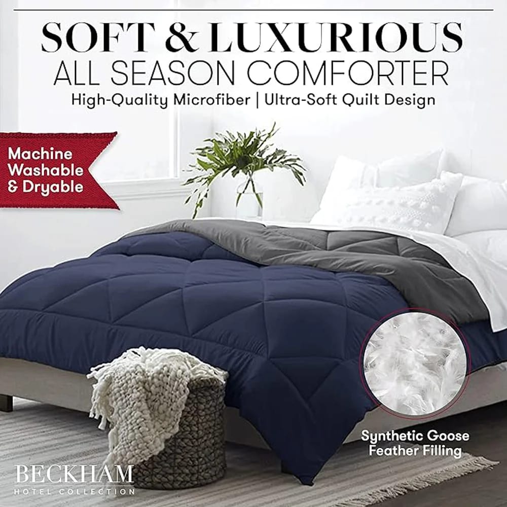 Beckham Hotel Collection Goose Down Alternative Reversible Comforter, Full/Queen, Navy/Sleet