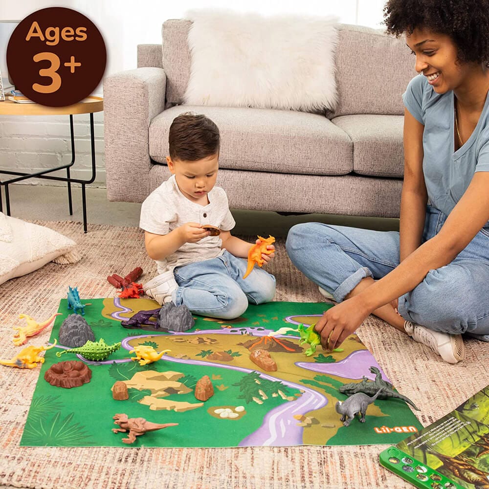 Li'l-Gen Dinosaur Toy Figures with Interactive Sound Book & Activity Play Mat