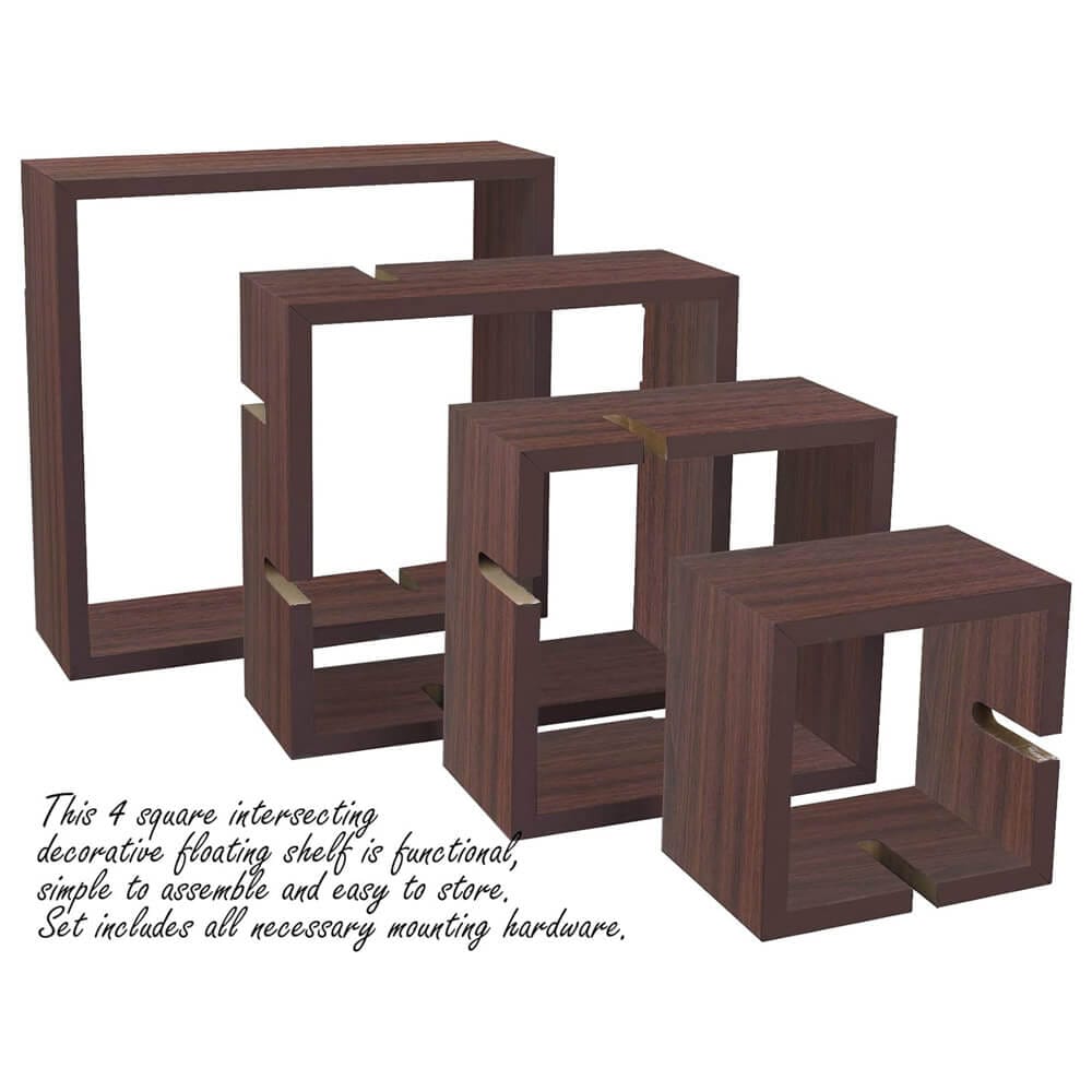 Greenco Intersecting Cube Shelves, Set of 4, Walnut